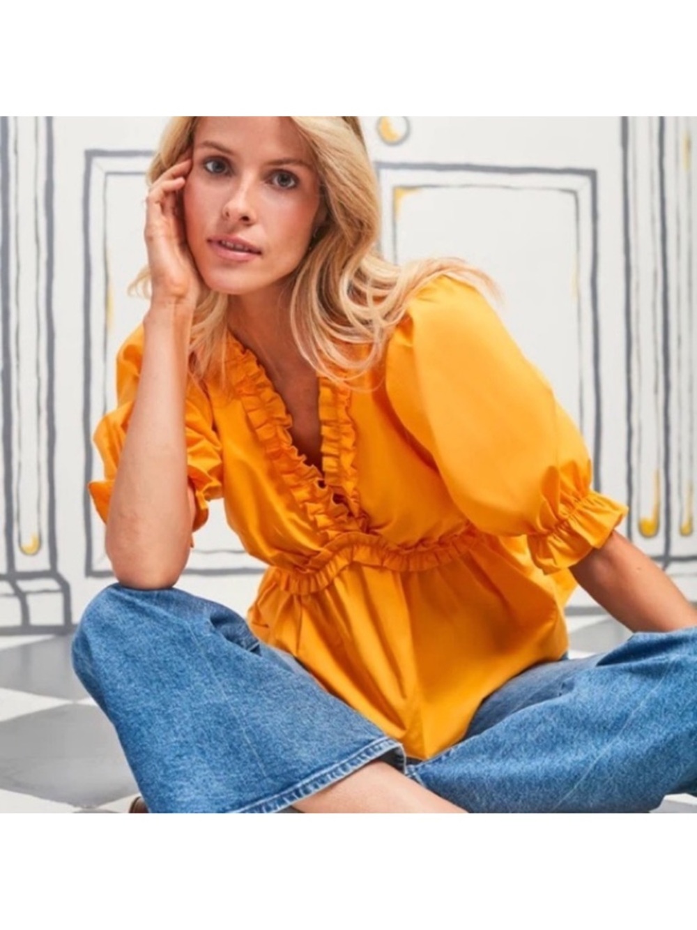 Hyacinth House Canary Rela Blouse Tangerine Orange Ruffle Puff Sleeve M